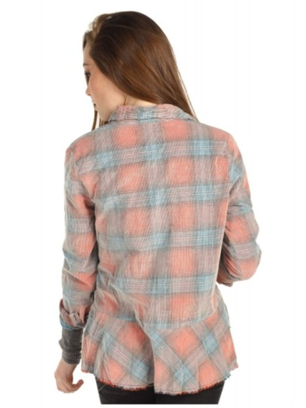 FREE PEOPLE WE THE FREE Clarissa Plaid Corduroy Shirt Coral Blue Size S - Picture 3 of 16